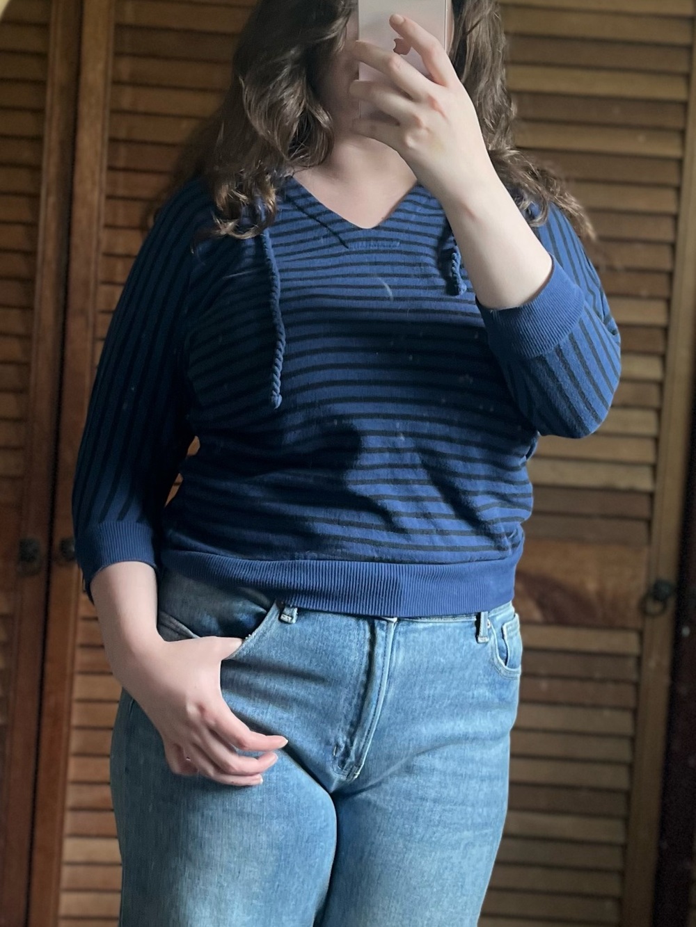 Striped Navy V-Neck Sweater with Hooded Drawcords